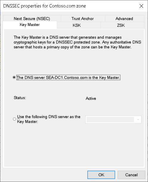 A screenshot of the DNSSEC properties for Contoso.com zone dialog box. The administrator has selected the Key Master tab.
