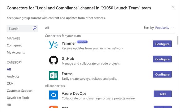 example of connectors options such as Yammer, GitHub, forms