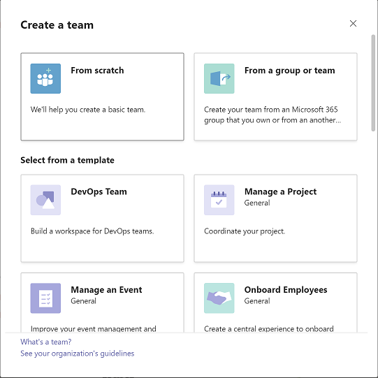 Image indicating ways to create a team such as from scratch, from a group or team or from a template