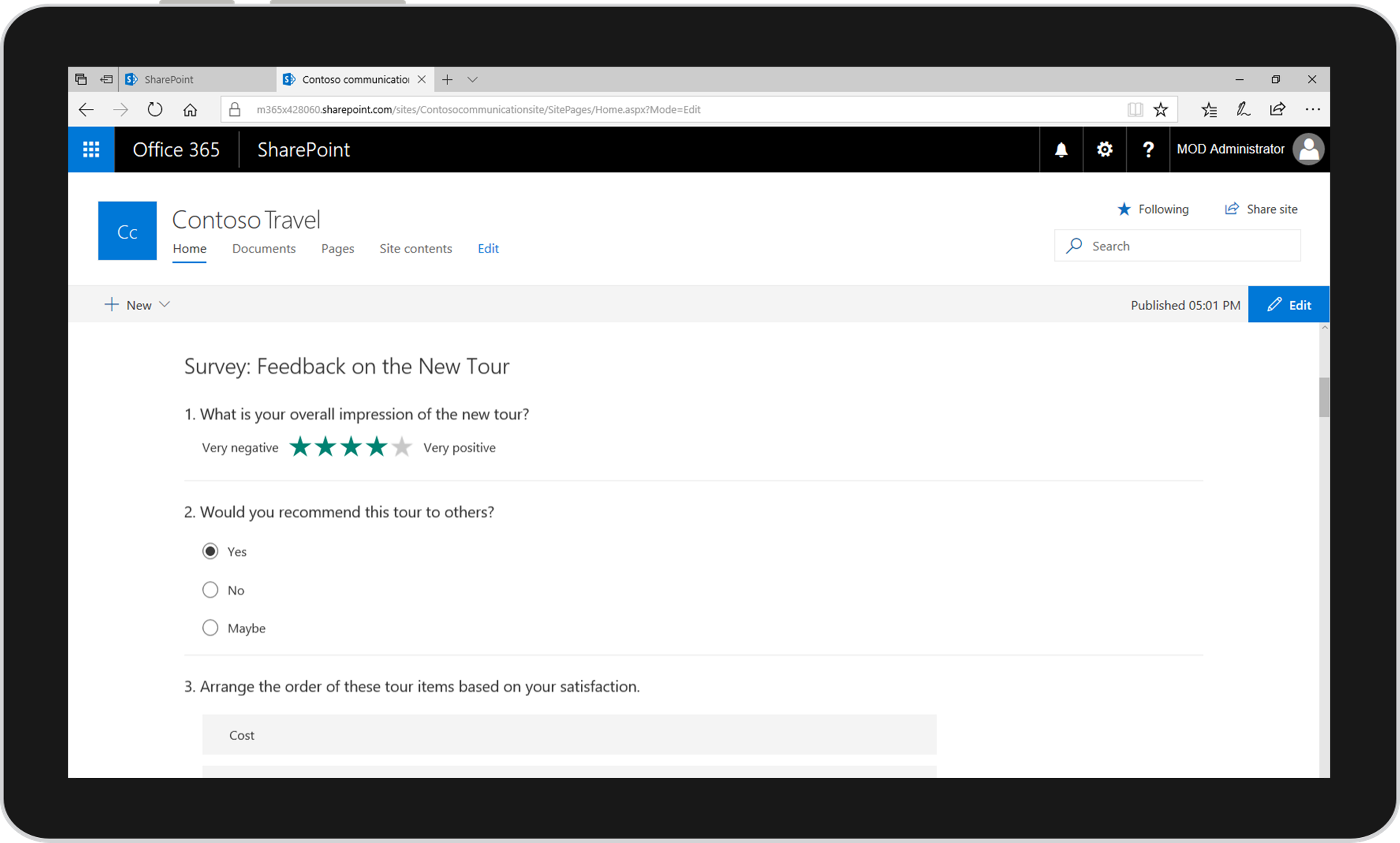 Screenshot showing a survey built from the Forms tool displayed within SharePoint.
