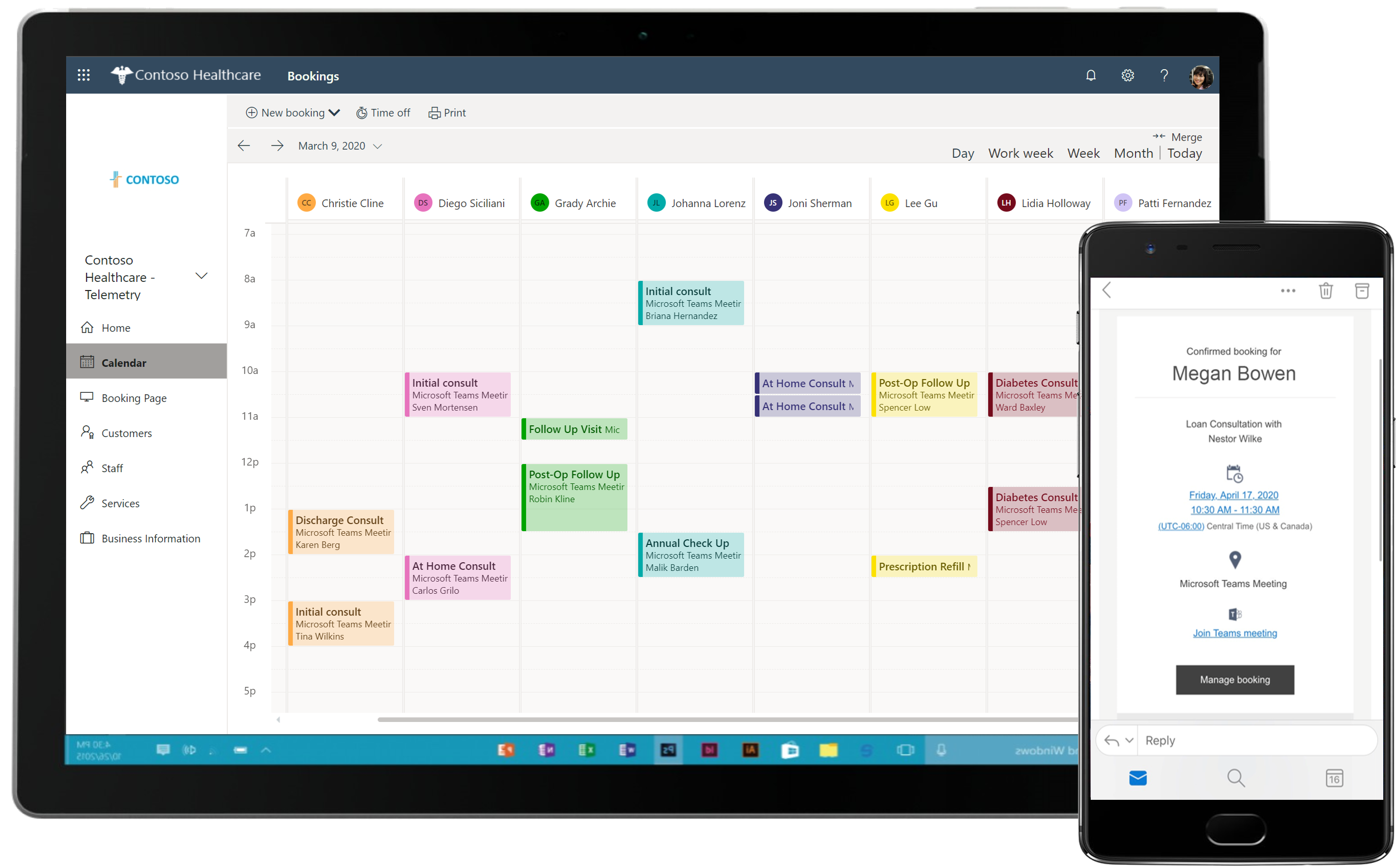 Screenshot showing the calendar within the Bookings work management tool and the ability to access it across multiple devices.