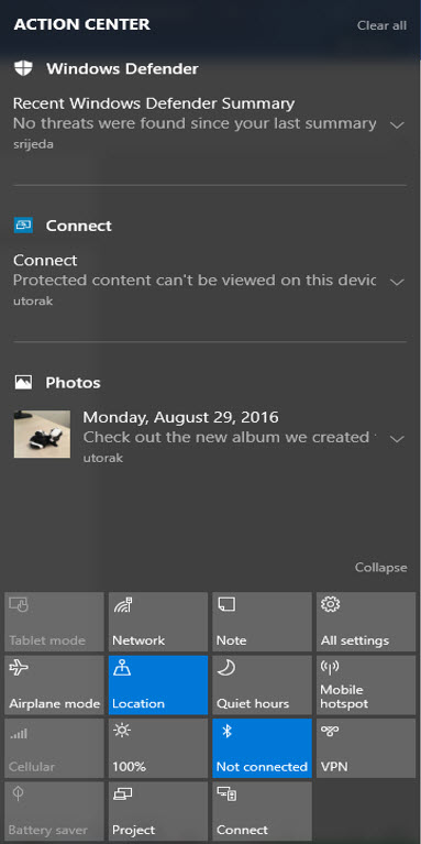 Screenshot of Windows 10 Action Center.