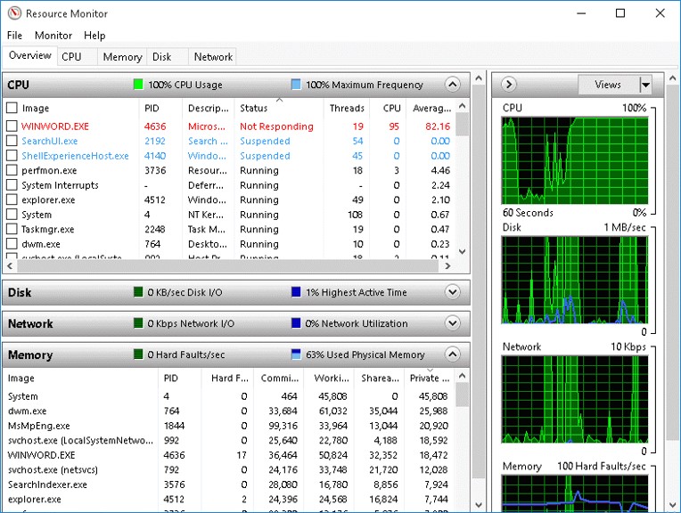 Screenshot of the resource monitor window.