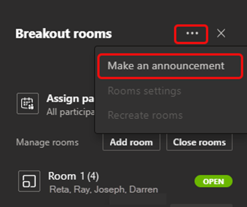 Select Make an announcement to send announcement to all breakout rooms
