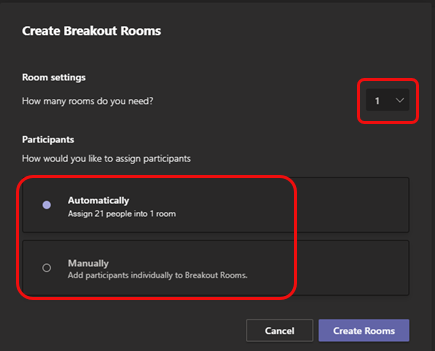 select number of rooms needed from breakout rooms options