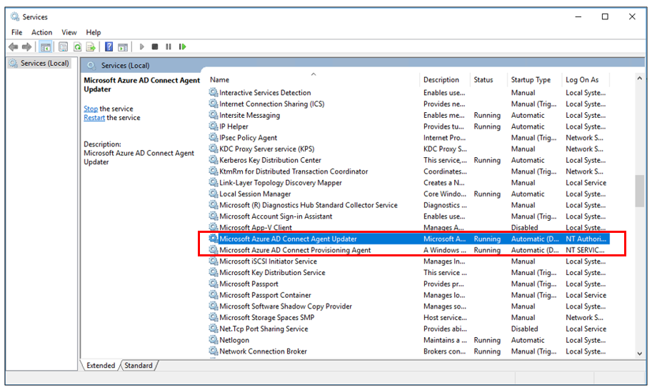 screenshot of the Services window showing the Microsoft Entra Connect Agent and Updater services highlighted.