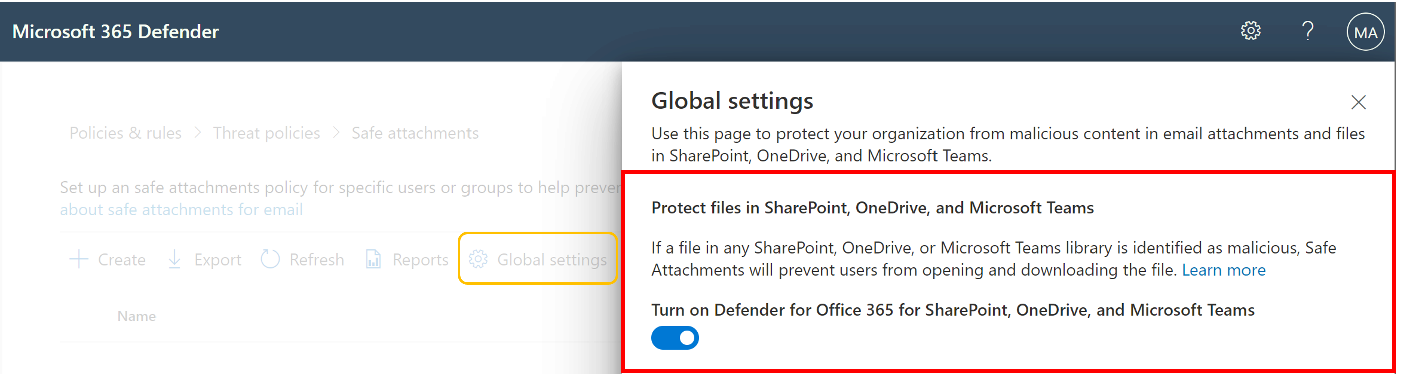 Screenshot of turn-on Safe Attachments for SharePoint, OneDrive, and Microsoft Teams.