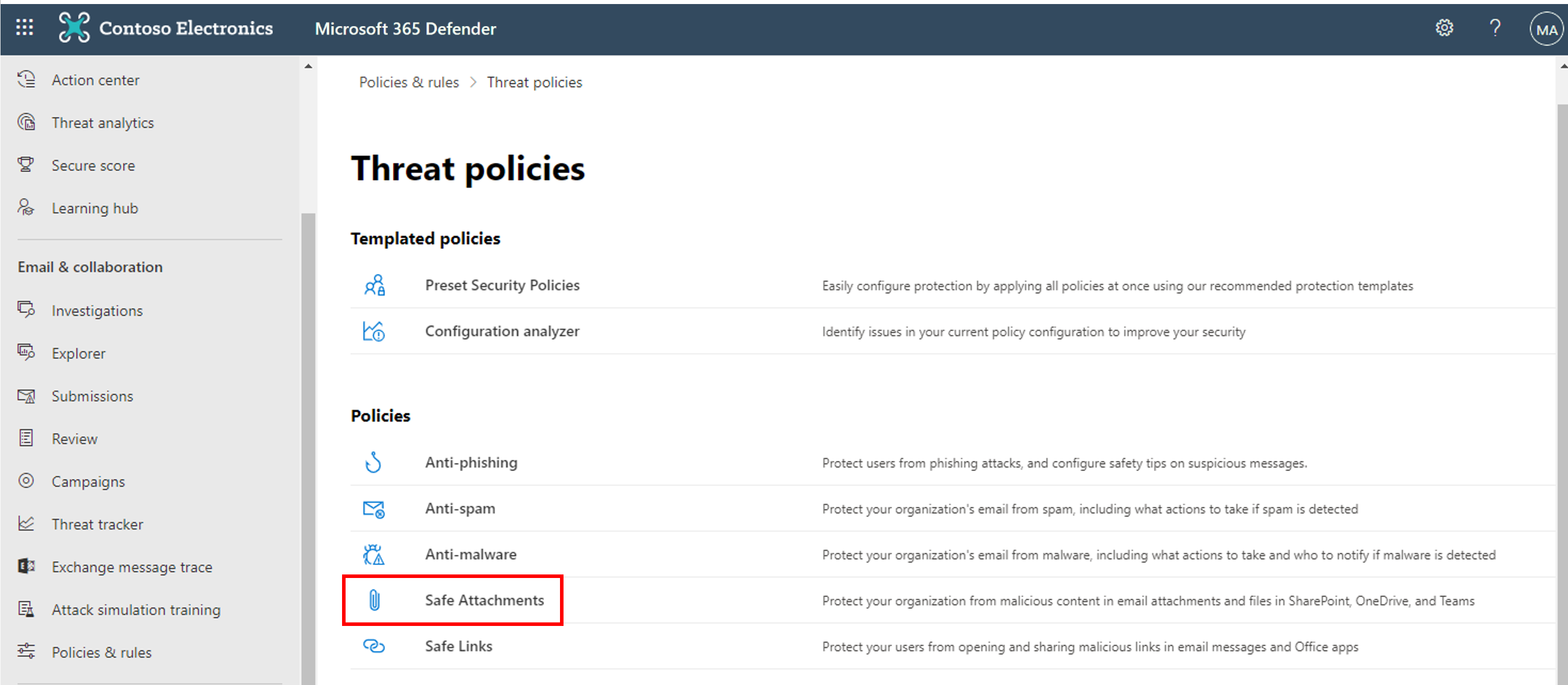 Screenshot of Safe attachments in Threat Policies page.