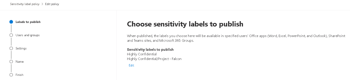 Screenshot of the Choose sensitivity labels to publish window in the Edit policy wizard.