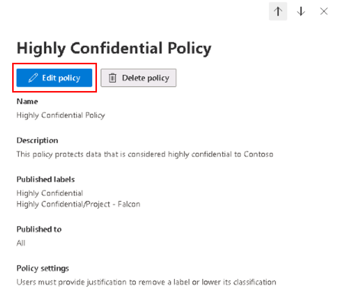 Screenshot of the detail pane for a sensitivity label policy with the Edit policy button highlighted.