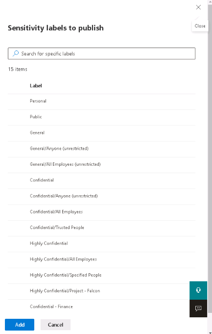 Screenshot of the Sensitivity labels to publish pane.