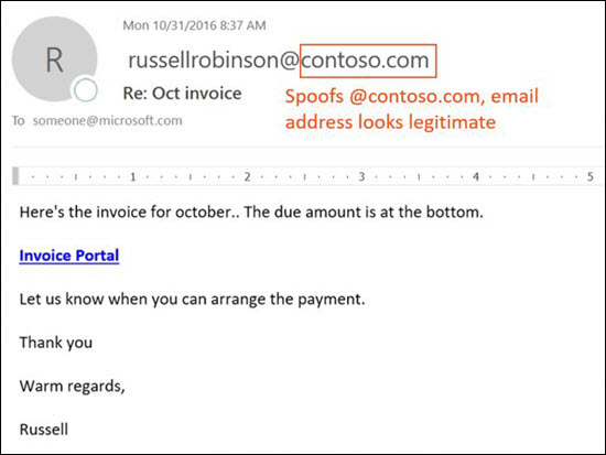 Screenshot of a phishing message using a spoofed email domain.