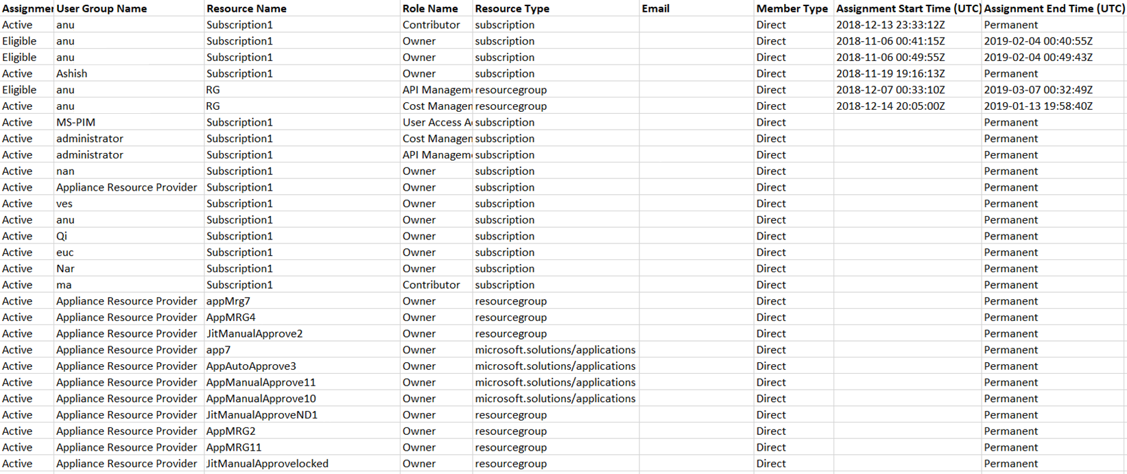 Screenshot of a csv file showing all role assignments that were exported.