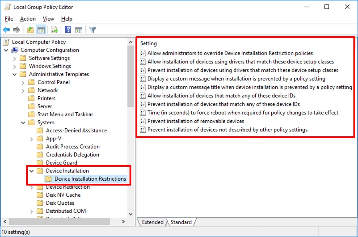 Screenshot of the Local Group Policy Editor showing how to restrict devices.