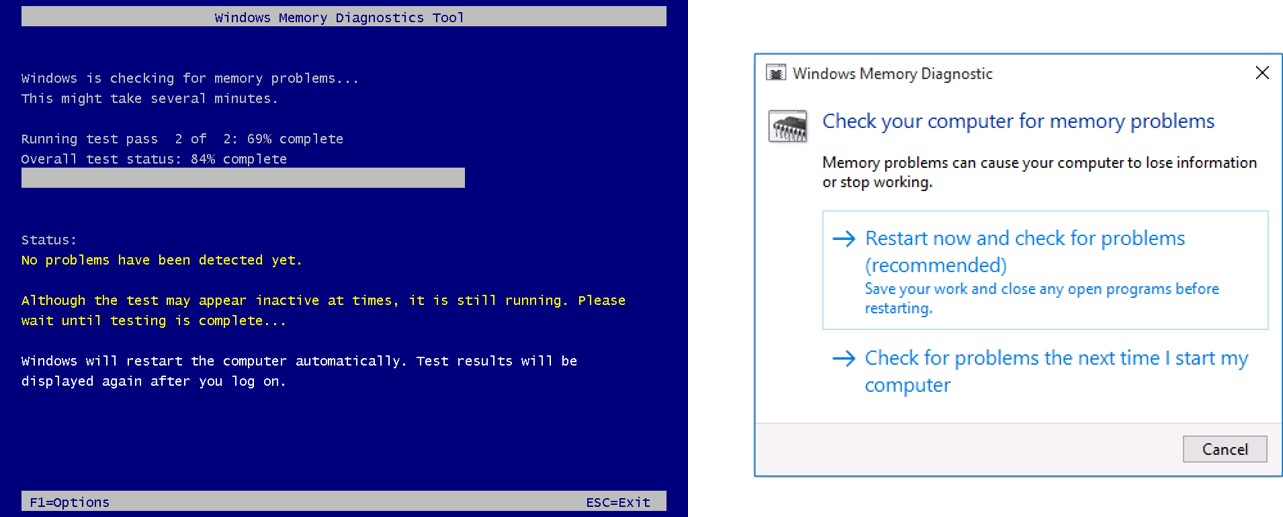 Screenshot of the Windows Memory Diagnostics Tool.