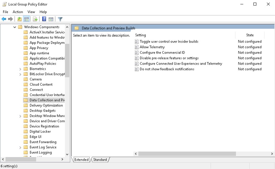 Screenshot of the local group policy editor.