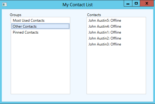 A list of groups and contacts in a WPF window