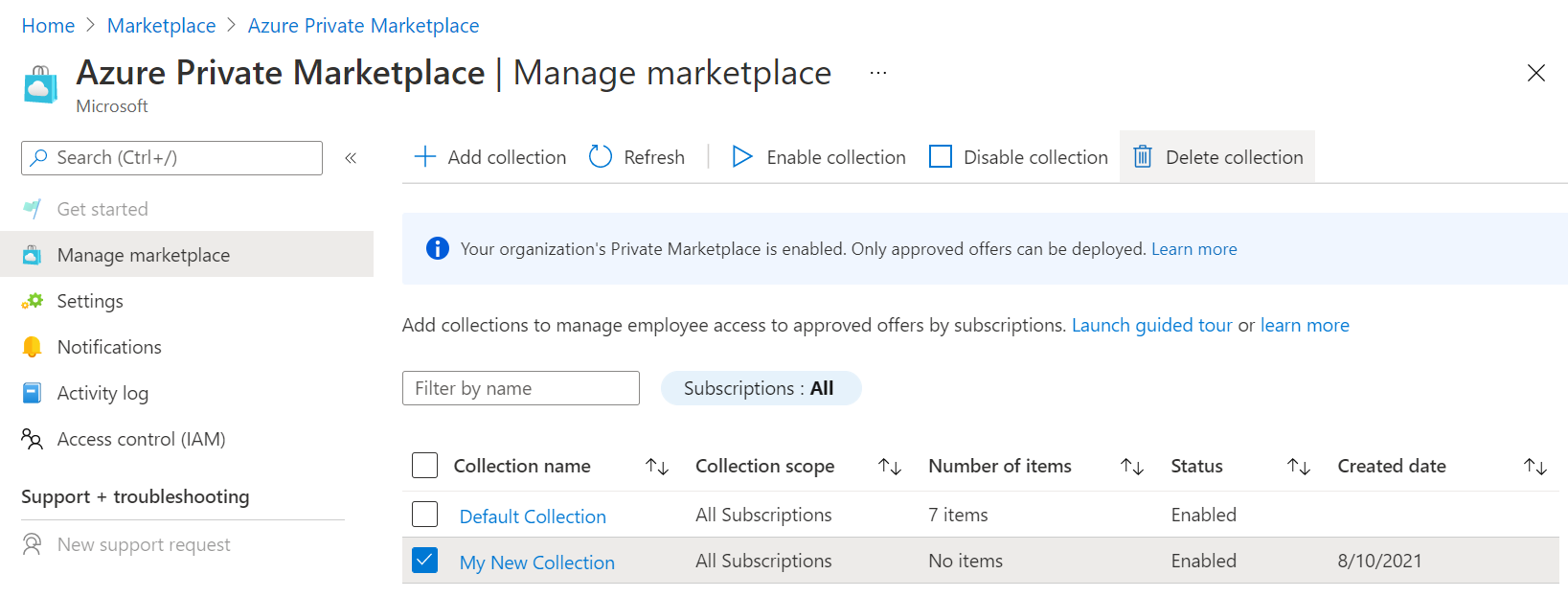 Shows the Private Azure Marketplace screen with the 'Delete collection' button highlighted.