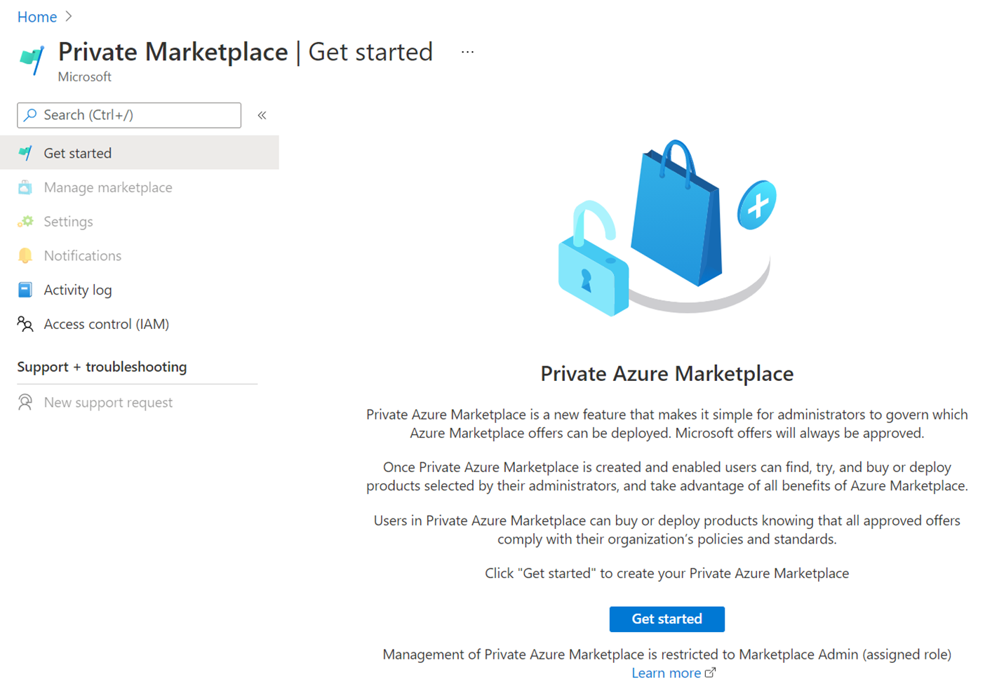 Shows how to select the 'Get Started on the Azure portal' main window.