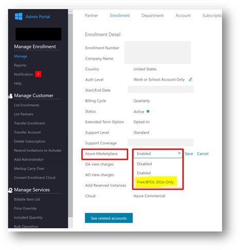 Shows how to restrict services in the Azure portal.