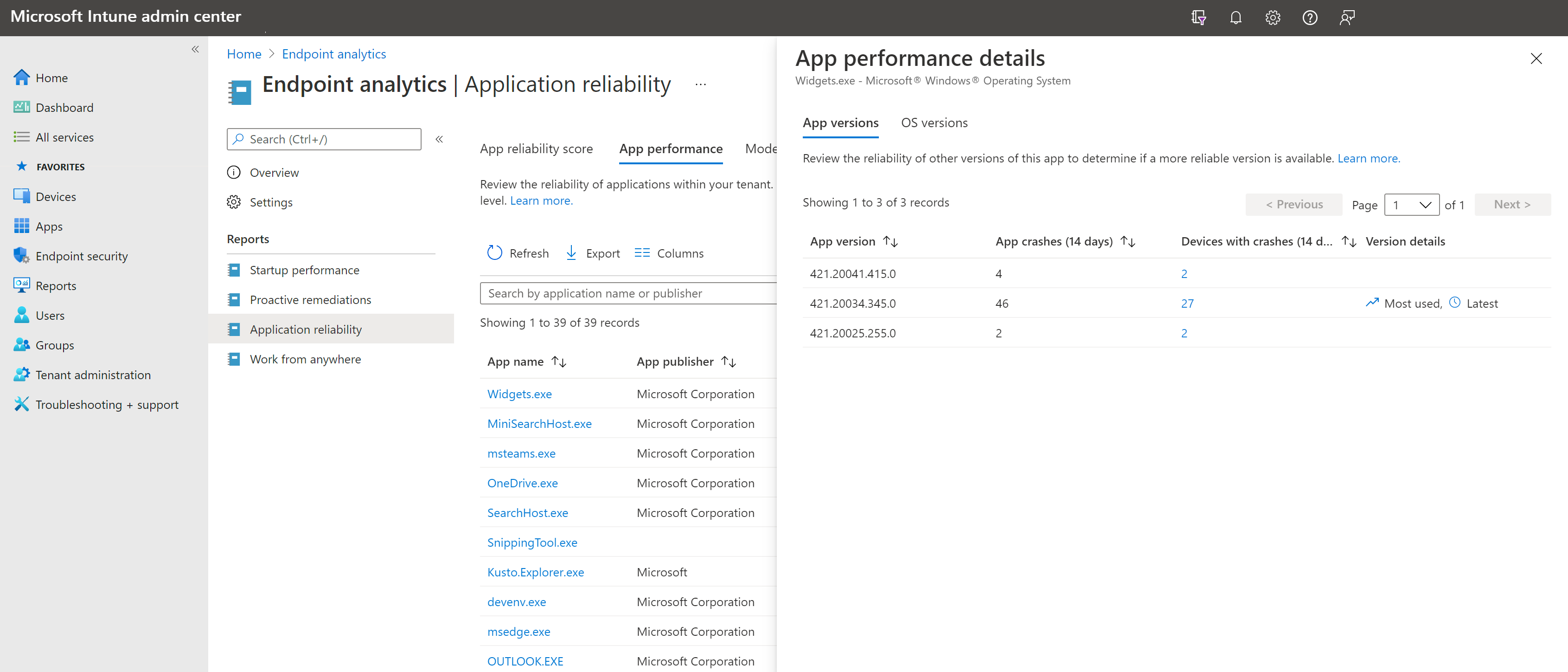Application performance details in endpoint analytics
