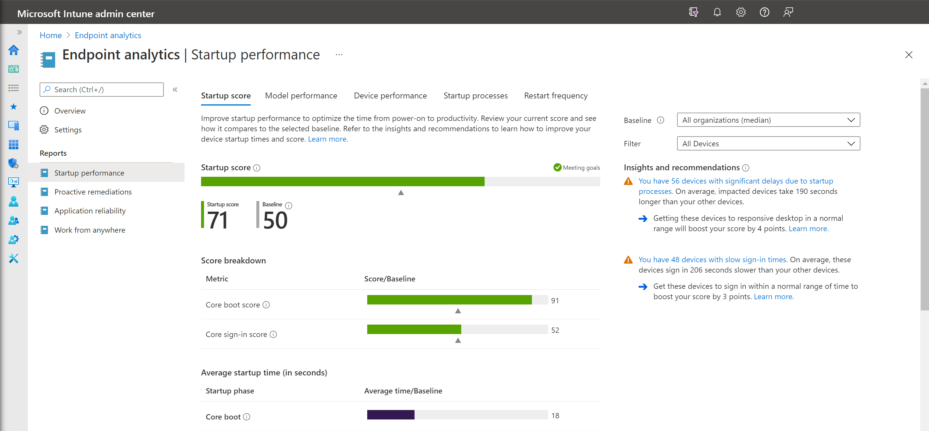 Endpoint analytics startup performance page