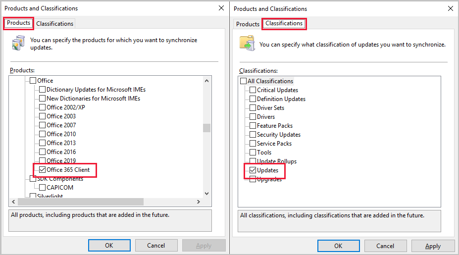 Products and classifications for Office 365 updates in WSUS