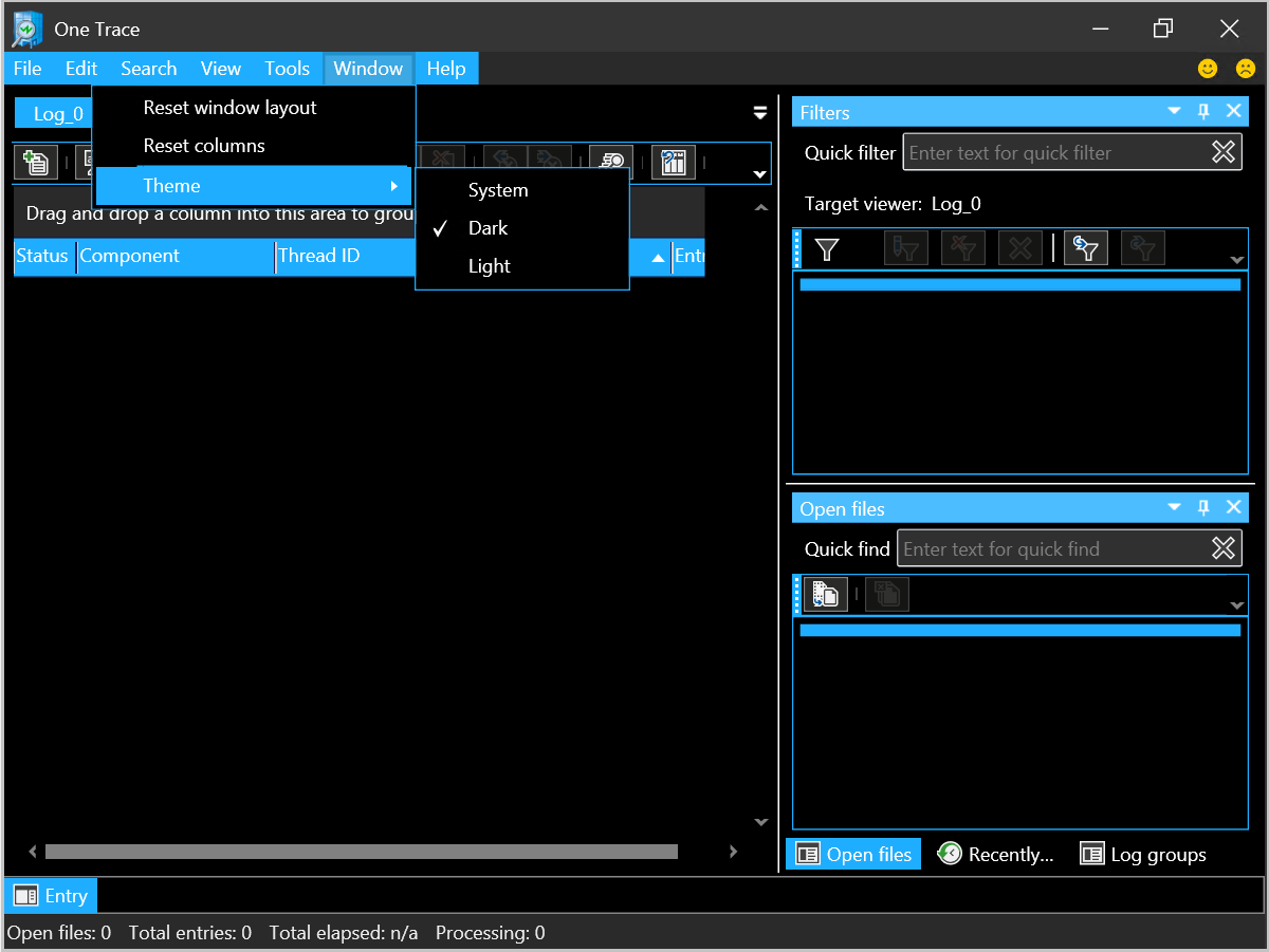 Screenshot of OneTrace with the Window, and Theme menus open