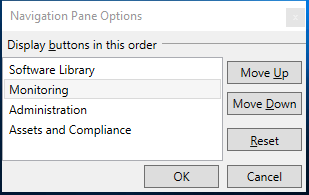 Navigation Pane Options window to reorder workspaces.