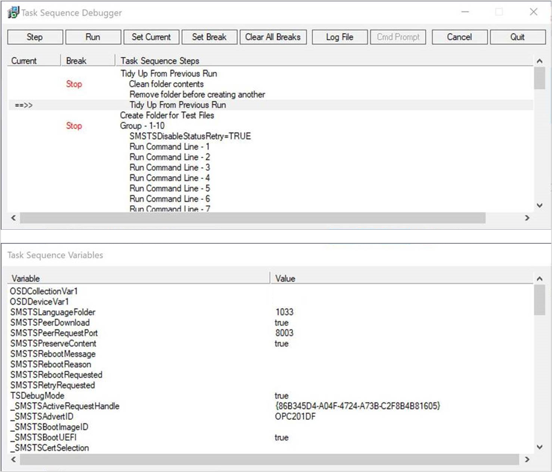 Screenshot of Task Sequence Debugger.