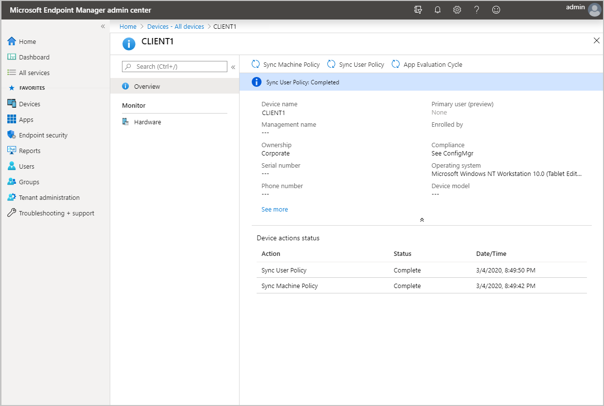 Device overview in Microsoft Endpoint Manager admin center