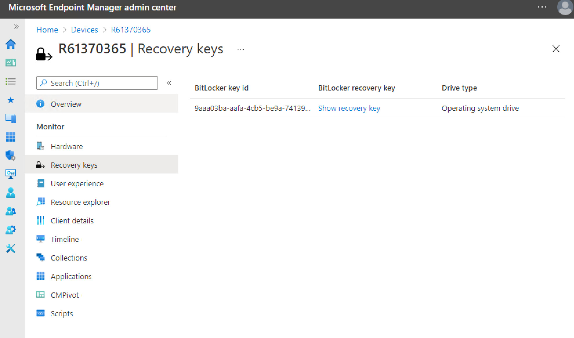 Recovery Keys pane in the Microsoft Intune admin center.