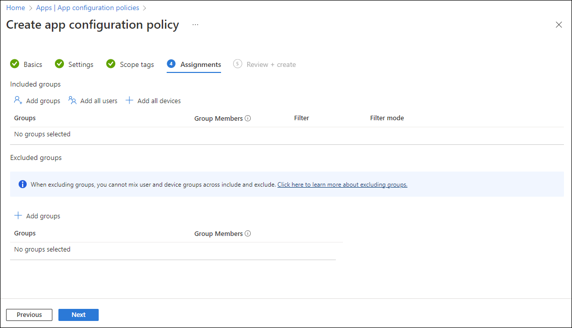 Screenshot of Policy assignments Include tab