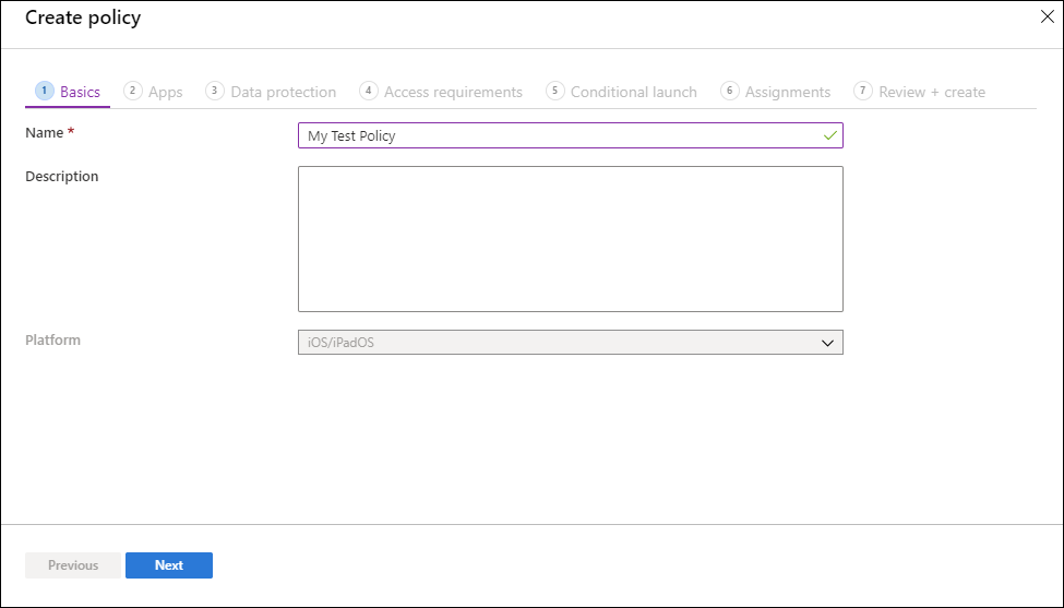 Screenshot of the Basics page of the Create policy pane