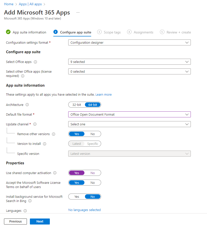 Screenshot: Add Microsoft 365 Apps - Configuration designer.