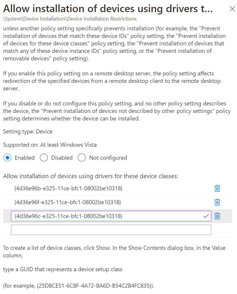 Screenshot that shows how to use Microsoft Intune to set the Allow installation of devices using drivers that match these device setup classes setting and add your class GUIDs.