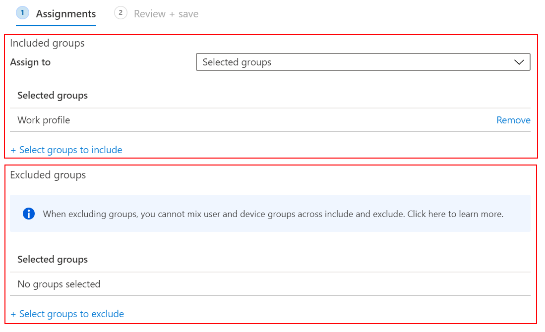 Include or exclude users and groups when assigning or deploying a profile in Microsoft Intune and Endpoint Manager.