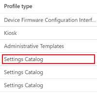 In Microsoft Intune and Endpoint Manager admin center, the profile type shows Settings Catalog.