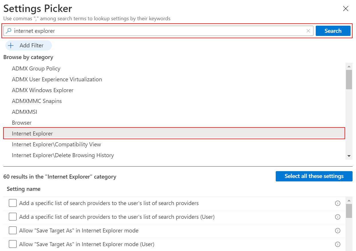 In Settings Catalog, search for Internet Explorer to see all the settings in Microsoft Intune and Endpoint Manager admin center.