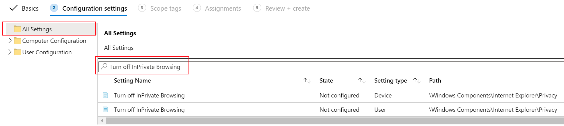 Turn off InPrivate Browsing device policy in administrative template in Microsoft Intune