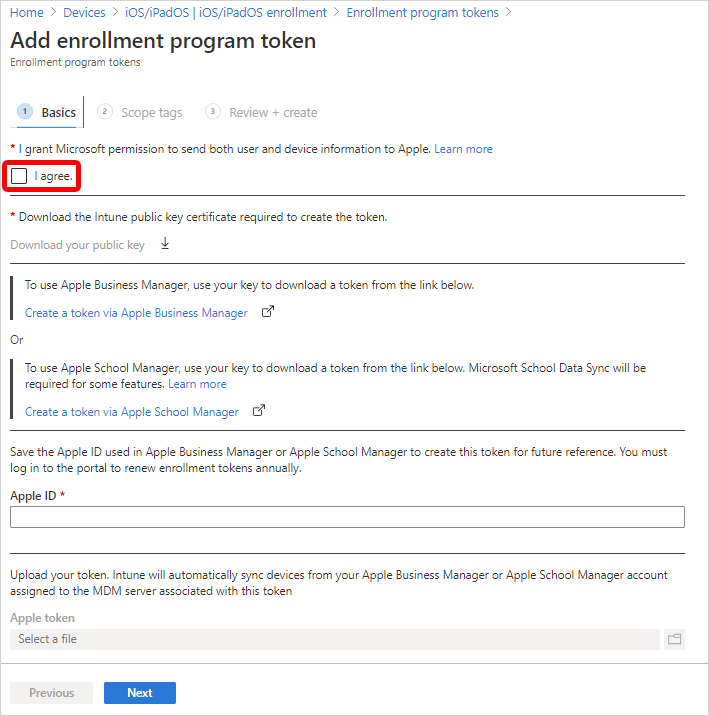 Screenshot that shows the Add enrollment program token screen.