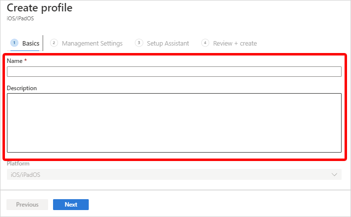 Screenshot that shows the Name and Description boxes in Microsoft Endpoint Manager admin center.