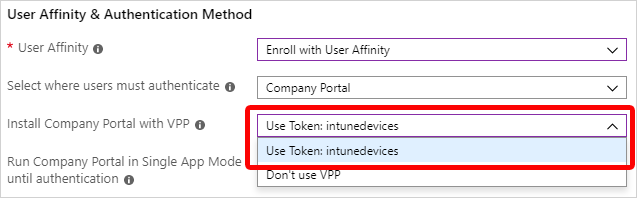 Screenshot that shows the options for installing the Company Portal app with VPP.