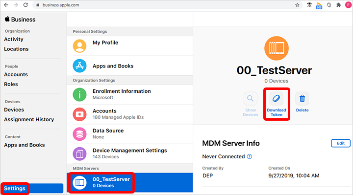 Screenshot that shows how to renew and download an Apple token in Apple Business Manager.