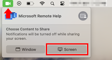 A screenshot of the macOS screen  sharing dialog to allow screen sharing for Microsoft Remote Help