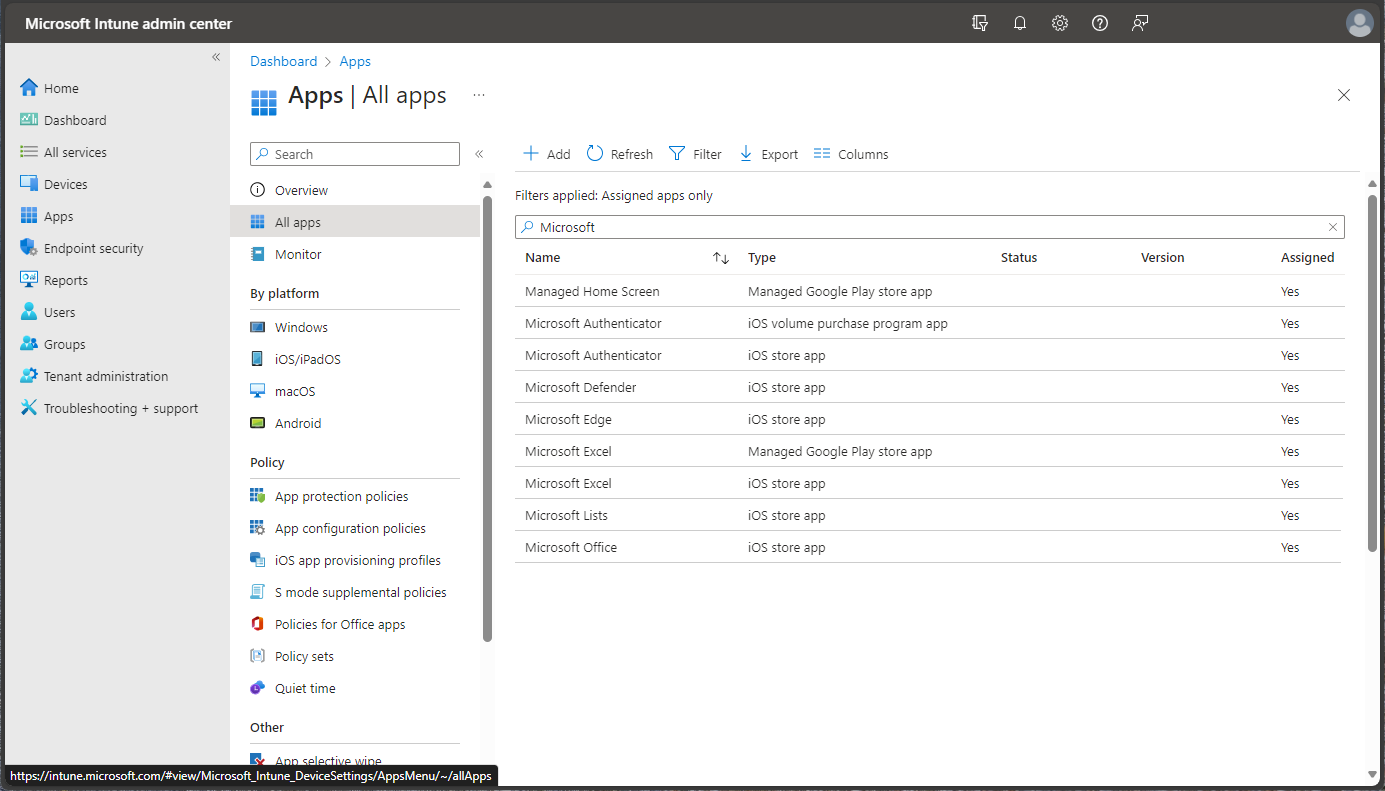 Screenshot of the Microsoft Endpoint Manager admin center - All apps