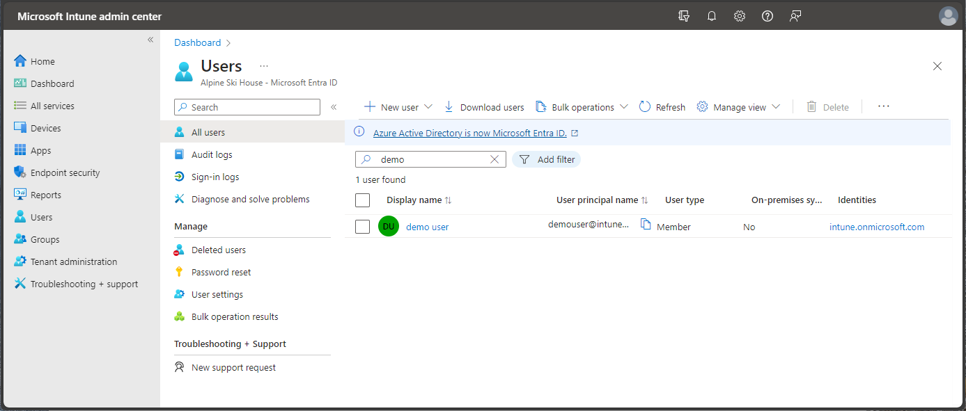 Screenshot of the Microsoft Endpoint Manager admin center - Users