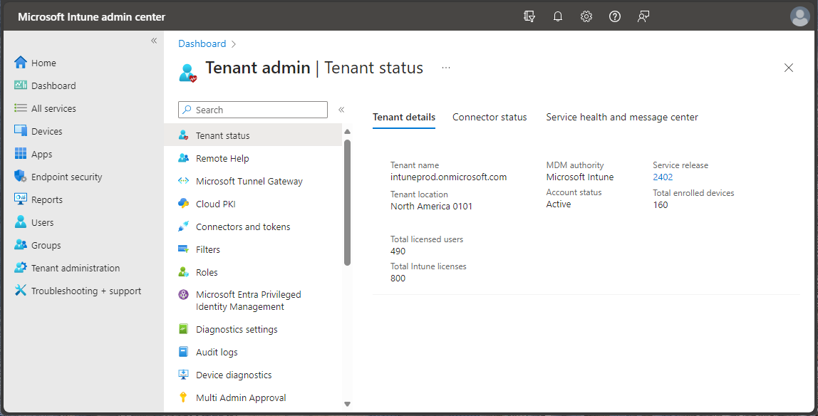 Screenshot of the Microsoft Endpoint Manager admin center - Tenant status