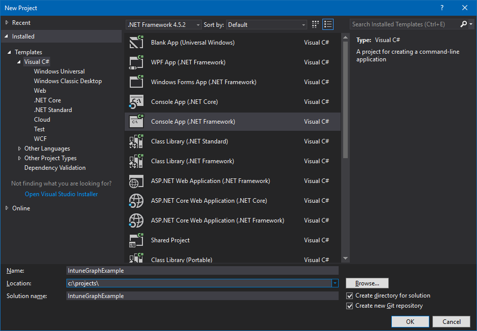 Creating a C# console app project in Visual Studio