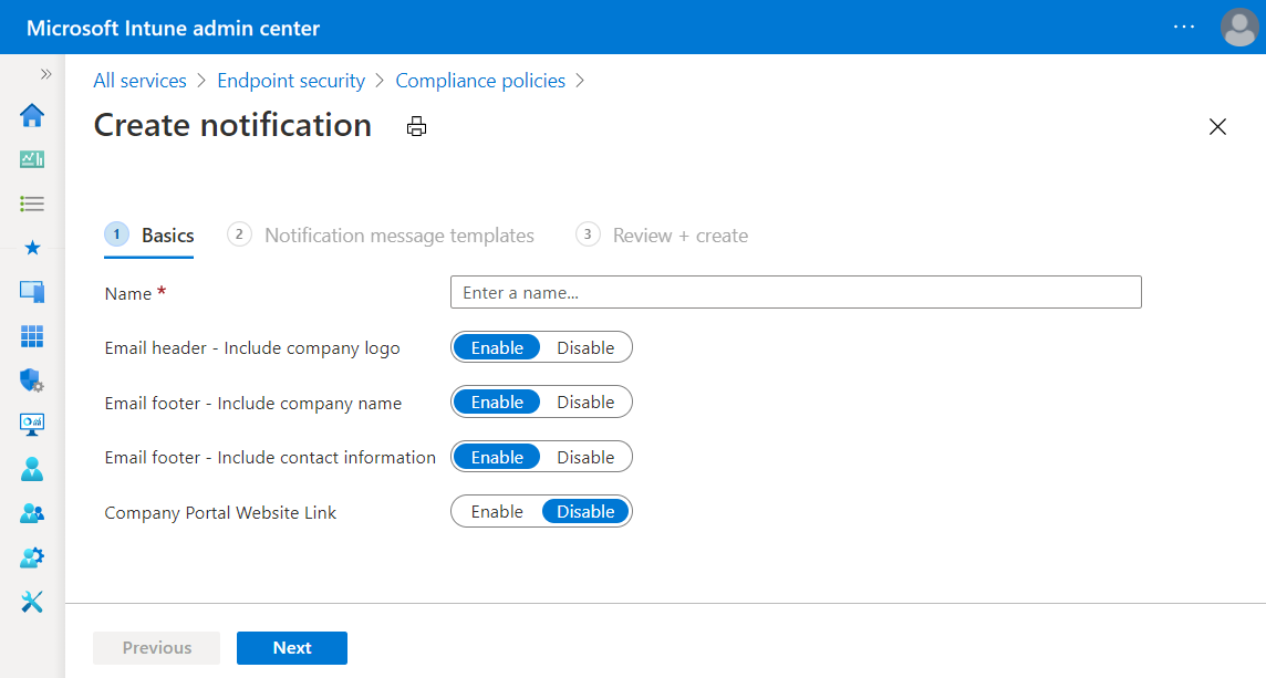 Example of the basics page for a notification message in Intune